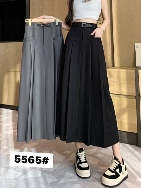 Women Casual Pleated Belted Long Skirts